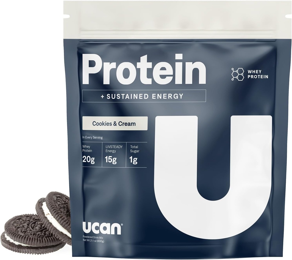 UCAN Energy + Whey Protein Powder - 19g Por servir con Aminoácidos EAAs & BCCAs - Keto, No Engadido Sugar, Gluten-Free - Cookies & Cream - 12 Servizos