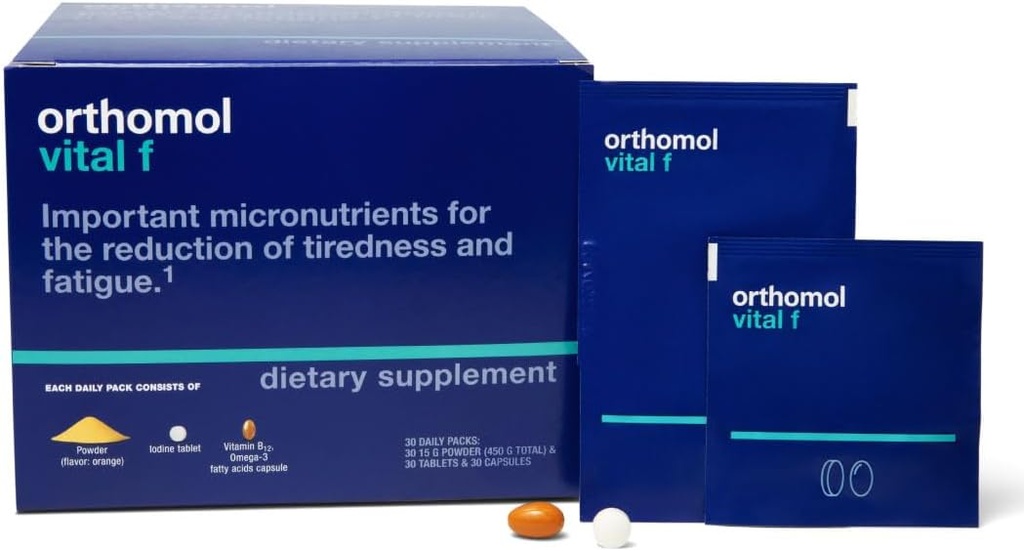Orthomol Vital F Порошок та планшетний пакет, Жіночий багатовітамін, 30-денний постачання, вітаміни А, B, C, D, E, K, Кальцій, Йодін, Омега-3 ...
