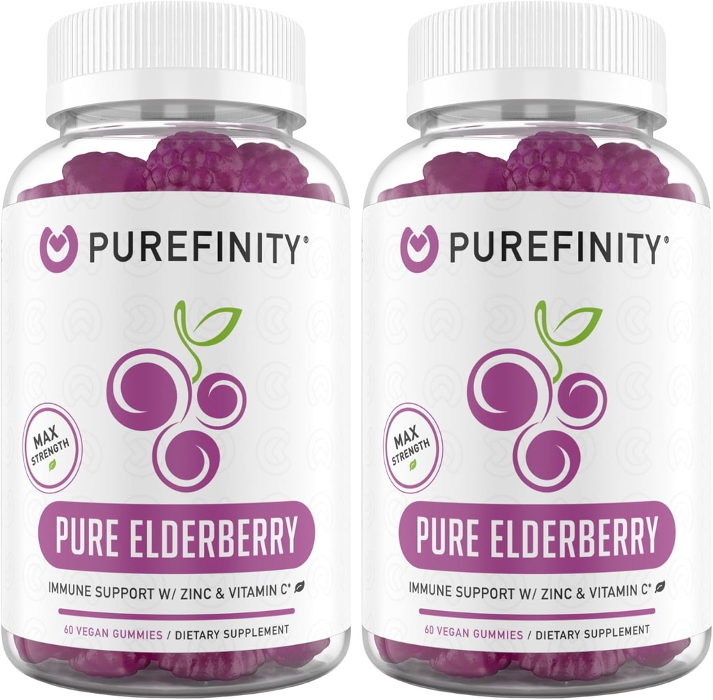 PUREFINITAT Elderberberberry Gillies amb Sambucus, Vitamina C, i Zinc  2001-200 The Global Daily 3in-1 suplementari per a nens & adults guten Free, No-GMO, Vegan, 60 (Pira de 2)