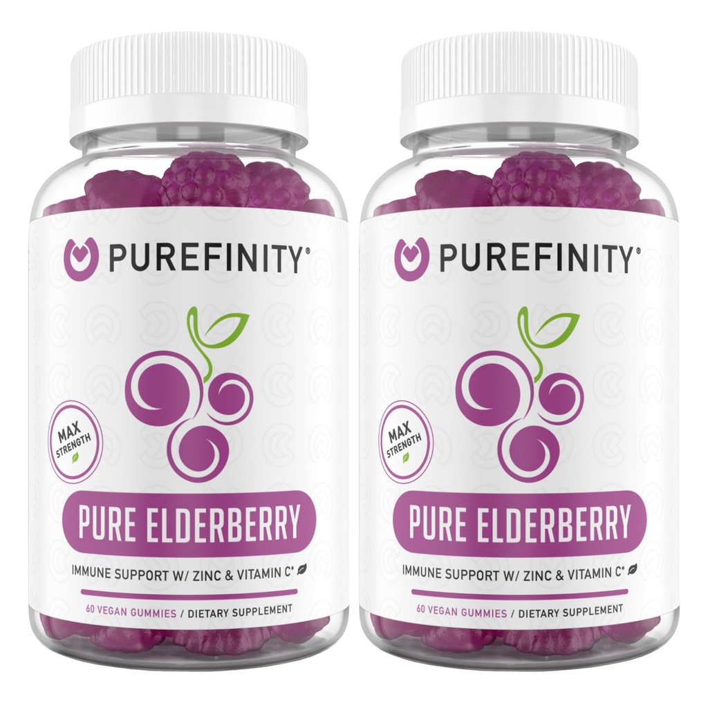 PUREFINITY Elderberry Gummies with Sambucus, Vitamin C, and Zinc – Your Perfect Daily 3-in-1 Supplement for Kids & Adults – Gluten Free, Non-GMO, Vegan, 60 Count (Pack of 2)