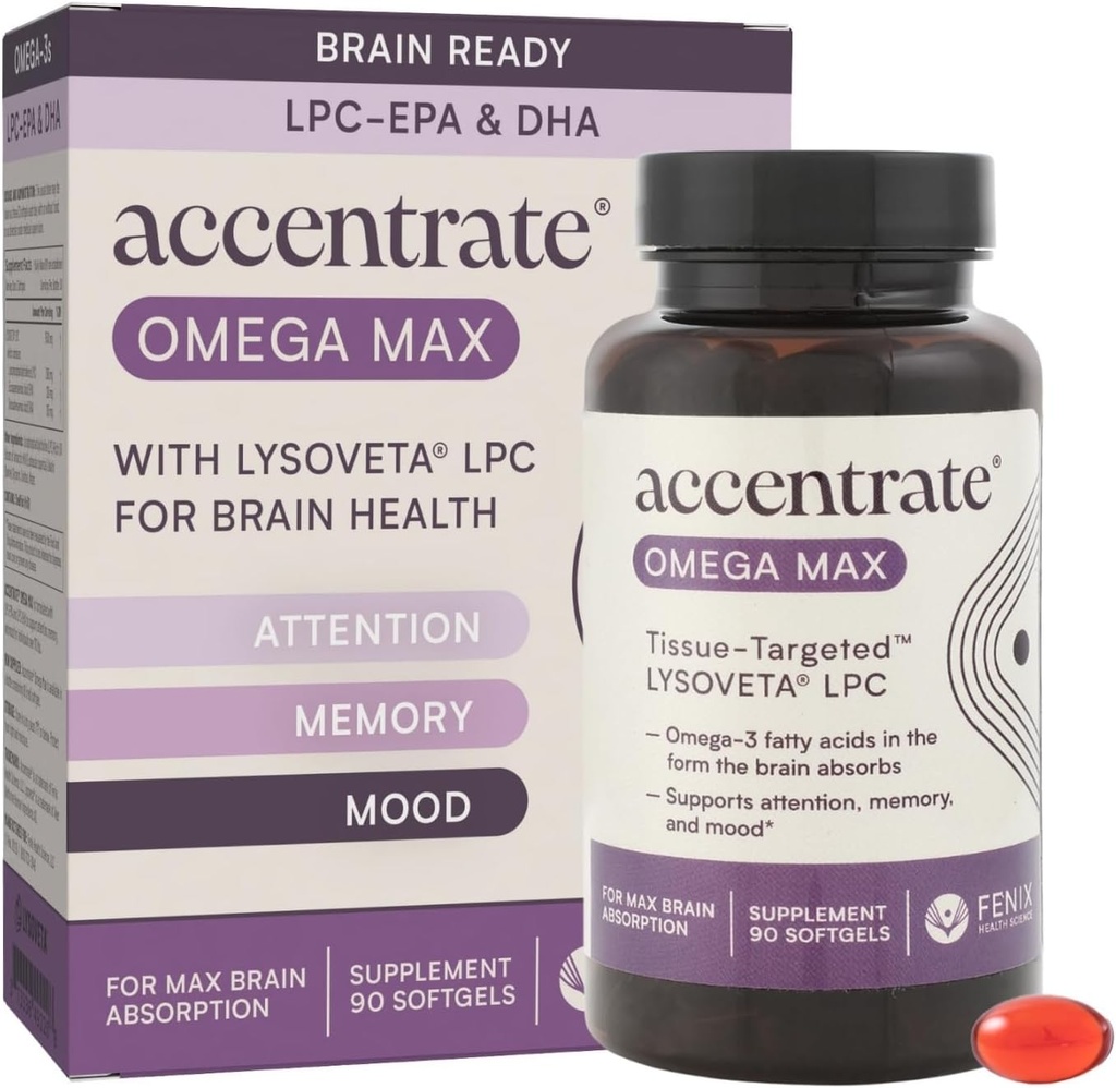 Omega Max w/LYSOVETA LPC | EPA " DHA supplements for Brain ' Retina Health | Focus, attention, Memory, Mood ' Vision | 6X Higher Absorption Than Fish Oil | High Potency Omega-3 LPC-DHA