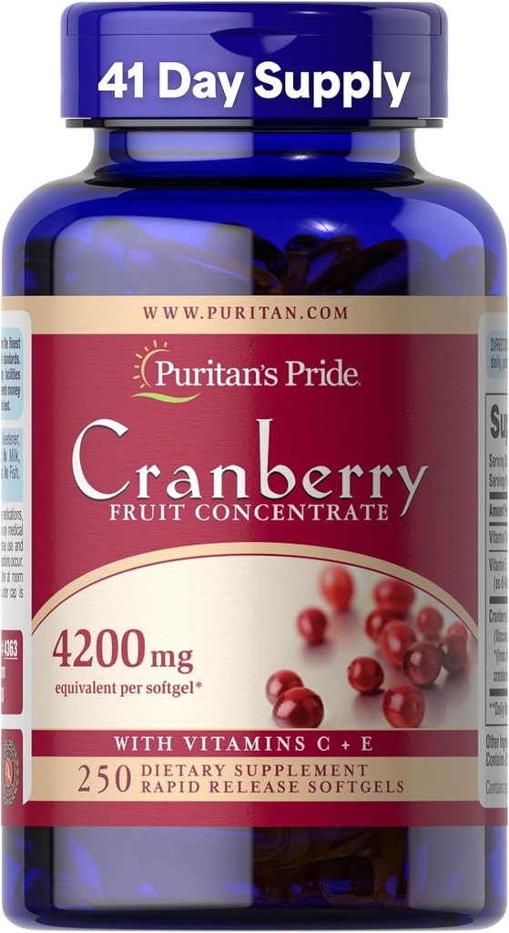 Puritans Pride Premium Cranberry Fruit Concentrate 84 mg (4200 mg ekvivalent) med vitaminer C og E, Diett Supplement for immunsystemstøtte, 4 måneders forsyning, 250 Rapid Release Softgels