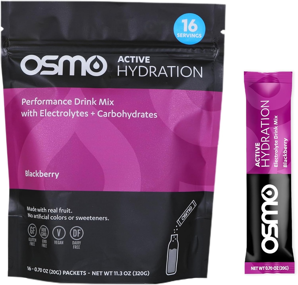 Osmo Active Hydration Electrolyte Toz - Ermənistan, maşın, Pium, Carbs və Vitaminlər, Bütün Natural Materiallar, 3X Faster Hydration, Boosts Power & Endurance - 16 Packets, BlackBerry
