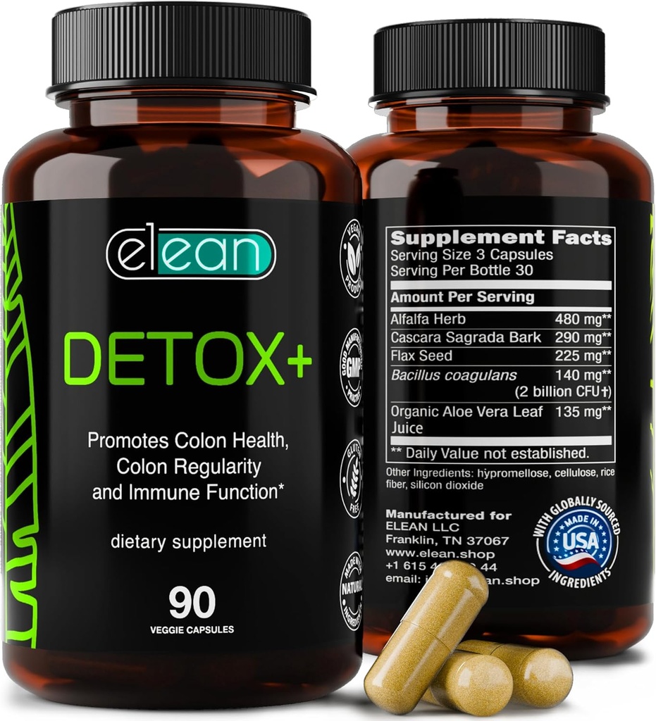 ELEAN Detox Plus Blended with Probiotic, Alfalfa, Flax Seed, Organic Aloe Vera, Сascara Sagrada bark for Colon Cleanse, Gut Health, Digestive Health and Total Colon Care. 90 Capsule 30 Days Supply