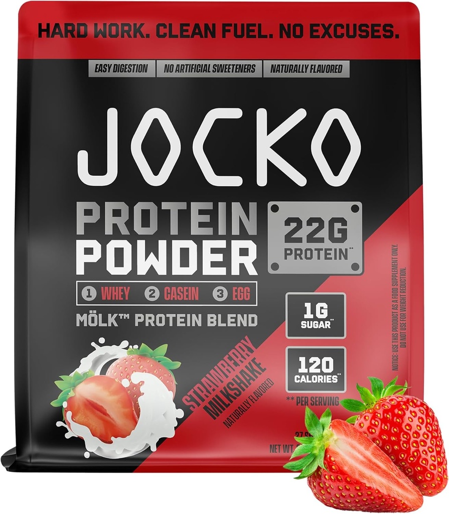 Jocko Fuel Mölk Whey Protein Powder 22g Sadna mešanica z nizko vsebnostjo sladkorja Monk - Regeneracija mišic in rast, Pakiranje maj Vary (27 Serving, Jagodna Mlekshake)