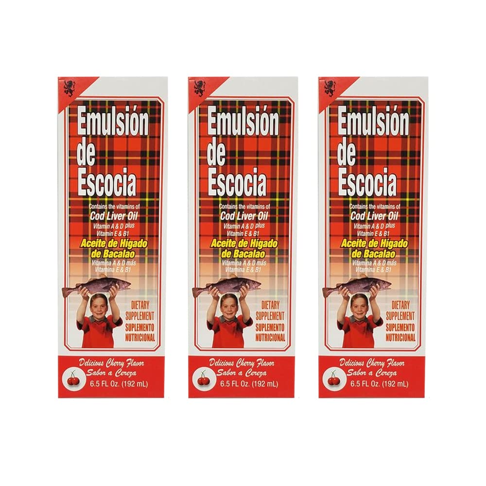 Emulsion de Escocia Cod Liver Oil Dietary Supplement. Rich in Vitamins A, D, E and B1. Cherry Flavoured. 6.5 Fl Oz / 192 mL. Pack of 3