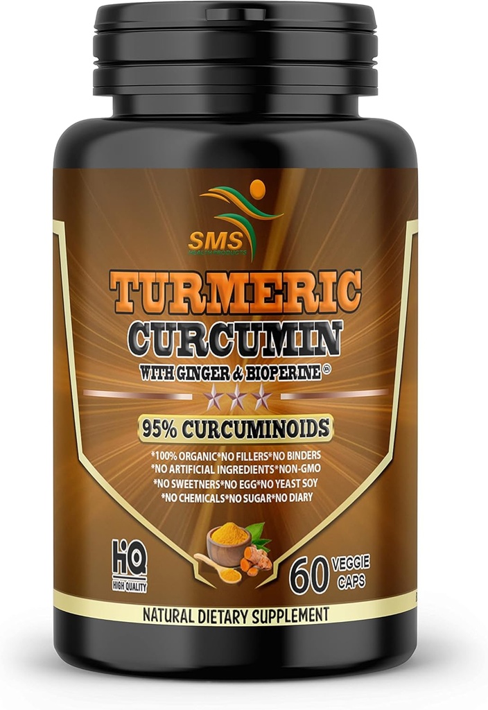 Turmerisk curcumin med Ginger, BioPerine Black Pepper, 95% Curcuminoids, Naturlig felles og sunn inflammatorisk støtte, Antioksidant tumeric Supplement, 60 Veggie Capsules, laget i USA, av SMS