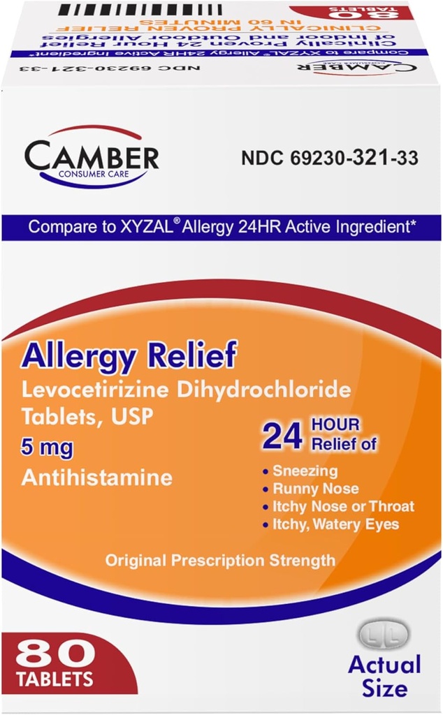 Camber Consumer Care Levocetirizine Dihydrochloride 5mg Antihistamine Tablets, Compare to Xyzal Active Ingredient, Allergy Relief Medicine (80 count)