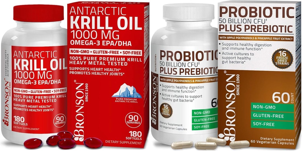 Bronson Probiotic 50 Milyar CFU + Prebiotic dengan Apple Polyphenol & Pineapple Fruit Antartika Krill Oil 1000 mg dengan Omegaga- 3s EPA DHA