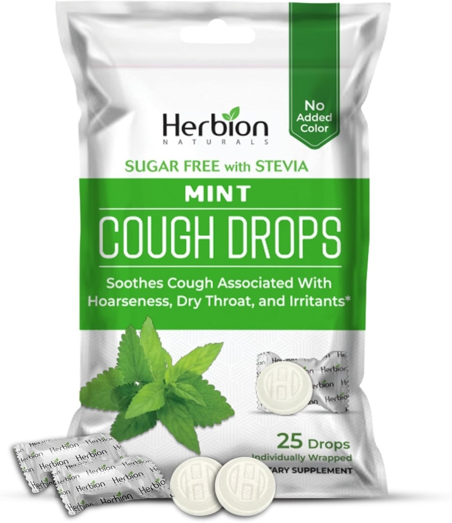 HERBION Naturals Cough Drops, Sugar-Free Stevia, Dieta Osagarria, Soothes Cough 6 urte baino gehiago, 125 Drops (Pack of 5), Mint