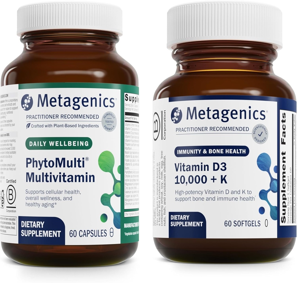 Metagenics Bundle - PhytoMulti & D3 10 000 + K - 60 Kapsule PhytoMulti pre mužov a ženy - 60 Softgels of D3 10 000 + K pre imunitnú podporu, zdravie kostí a zdravie srdca