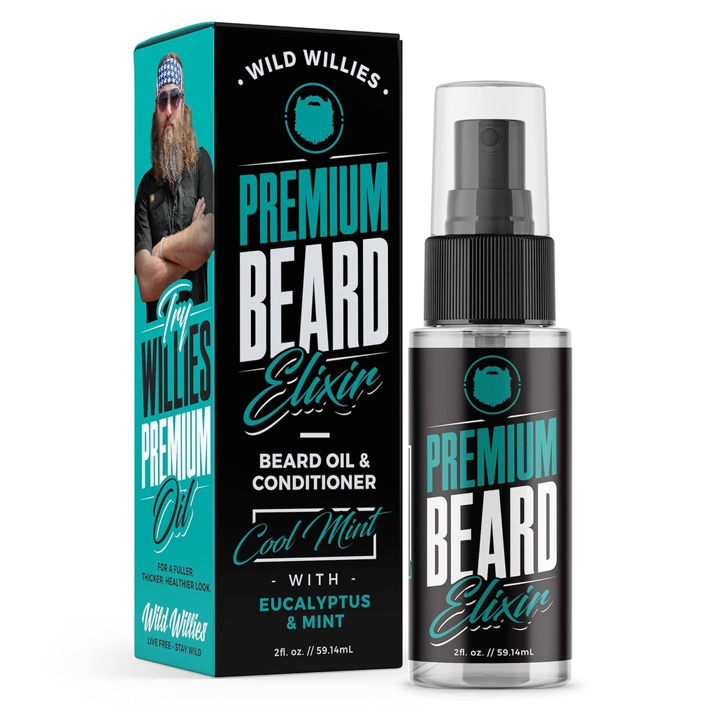 Wild Willies Premium Beard Oil & Conditioner Natural, Organic Ingredients Podporovat rychlý růst včelstev, Odstraňuje ltch a lupy - Deep Softtener Léčba obnovuje vlhkost - 2 Oz, Cool Mint Scent