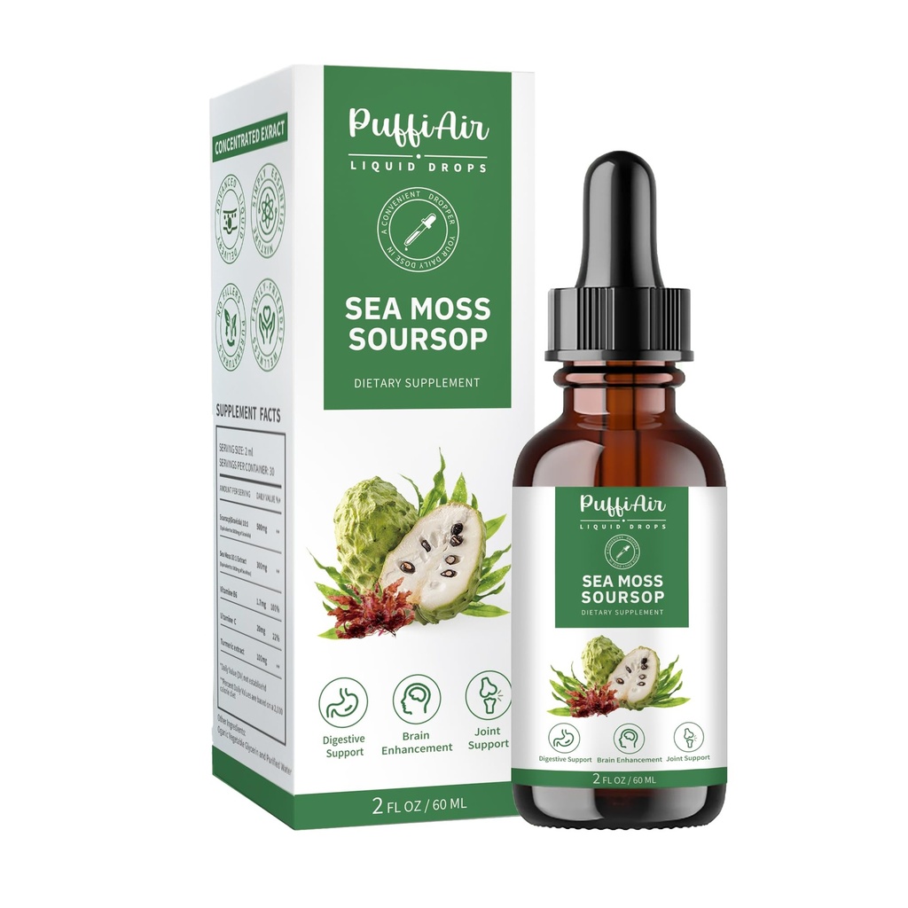 PUFFIAIR Soursop(Graviola) & Sea Moss Liquid Drop for Cell Support & Regeneration, Immune Boost, Relax, Liver and Sleep, Herbal Extract, Sugar/Gluten Free, Natural Flavor, 2 Fl Oz/60ml
