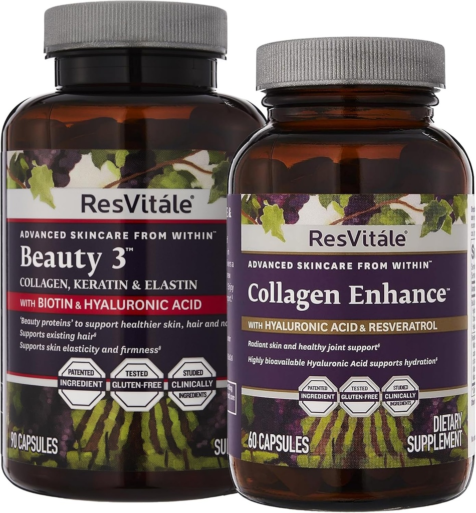 ResVitale Beauty 3 - Suplemento de cuidados de pele com colagénio, queratina e elastina - 90 Cápsulas e Melhoramento de colagénio - Suplemento de beleza com ácido hialurónico e resveratrol - 60 Cápsulas