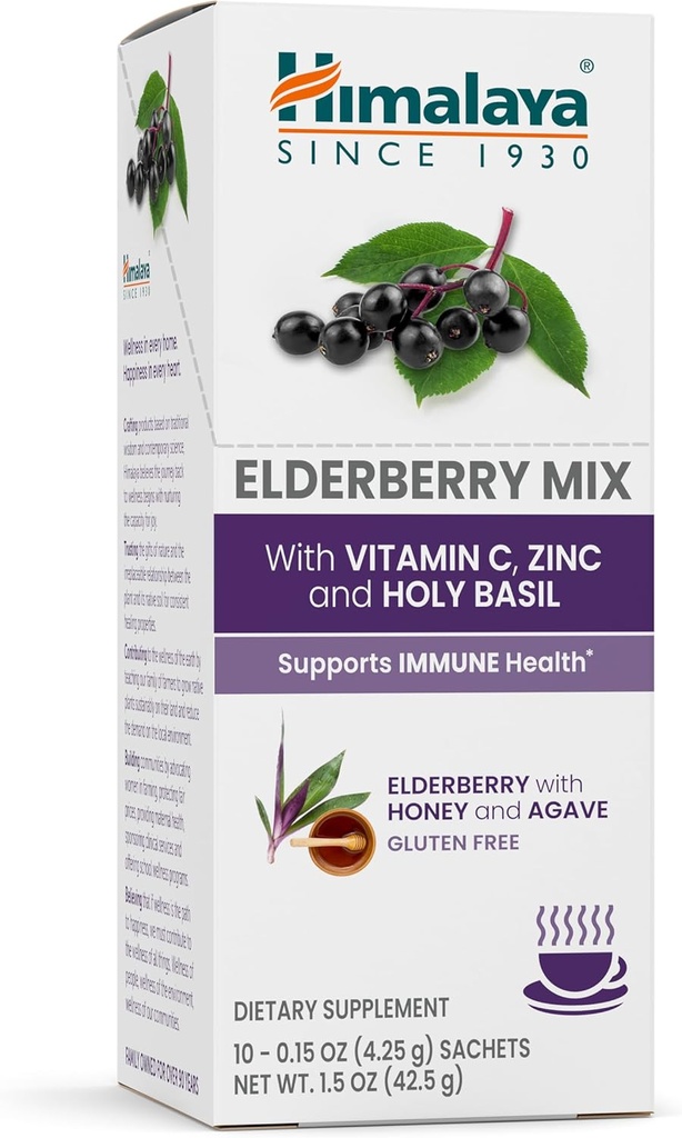 Himalaya Elderberry Mix, Drink Mix Supplement, Immune Support med Elderberry, Zink, Vitamin C och Holy Basil, Koffeinfri, 10-0,15 oz (4,3 g) Packets, Lätt att Mixa, Gluten Free