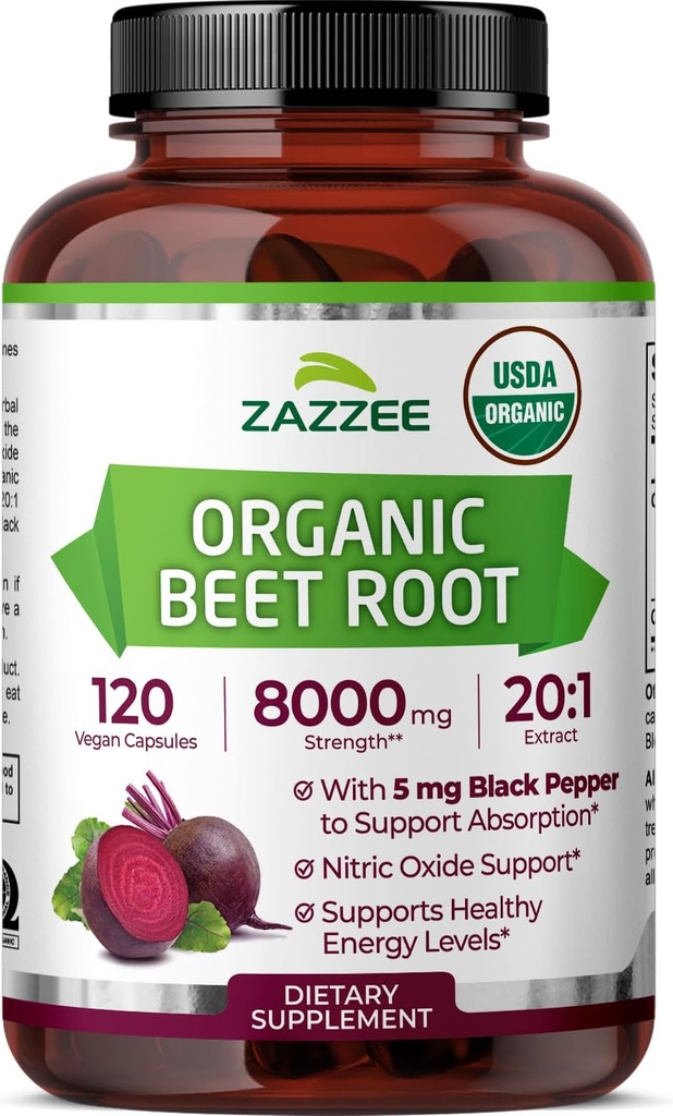 Zazzee USDA Organic Beet Root 8000 mg Strength 20:1 Extract, 120 Vegan Бързо освобождаване капсули, черен пипер екстракт за подобряване на абсорбцията, подкрепя производството на азотен оксид, не-GMO, Made in The USA