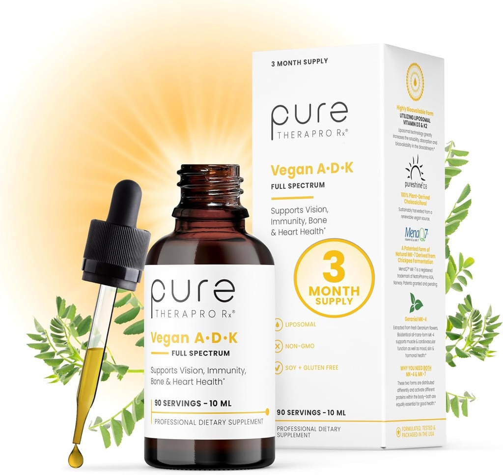 Puro Therapro Rx Vegan A-D-K Drops 10 Ml, Made in USA - 3 Mês de Fornecimento de vitamina A (Palmato), vitamina lipossomal D3 (Pureshine), vitamina lipossomal K2 (MK-4 & MK-7) Suporta Imunidade e Saúde Óssea