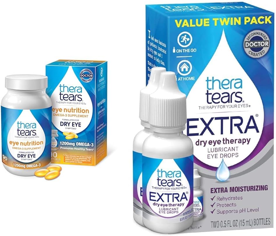 TheraTears Omega 3 bổ trợ, 1200mg, 90 ct (Pack 1) & Ex Dry Eye Therapy Lubricating Eye Drops for dry Eyes, 0.5 lf oz ode, 2 Count