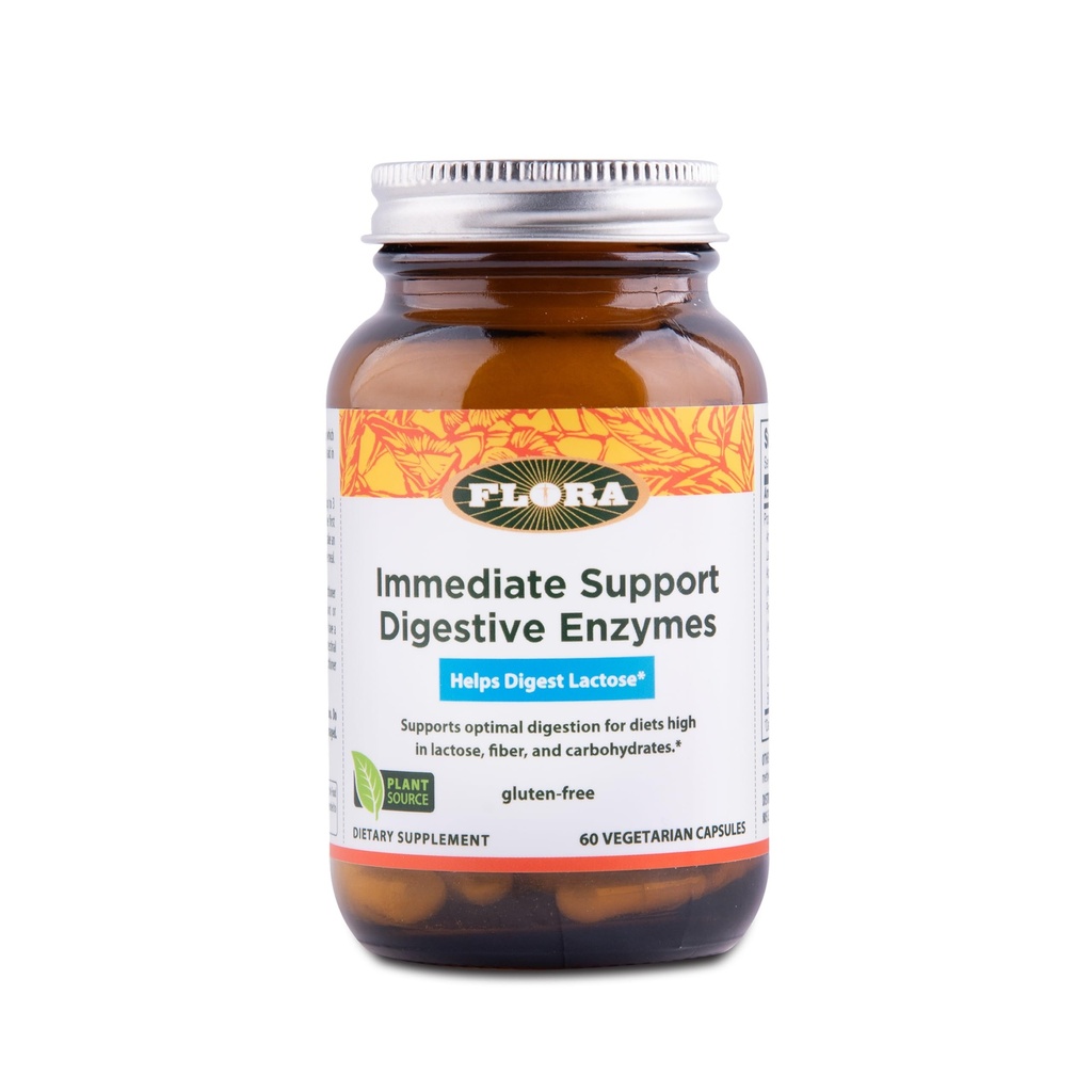 Flora - Immediate Support Digestive Enzymes - Supports Lactose Digestion, Bloating, Heartburn & Gas - Contains 7 Enzymes - Gluten-Free - 60 Vegetarian Capsules