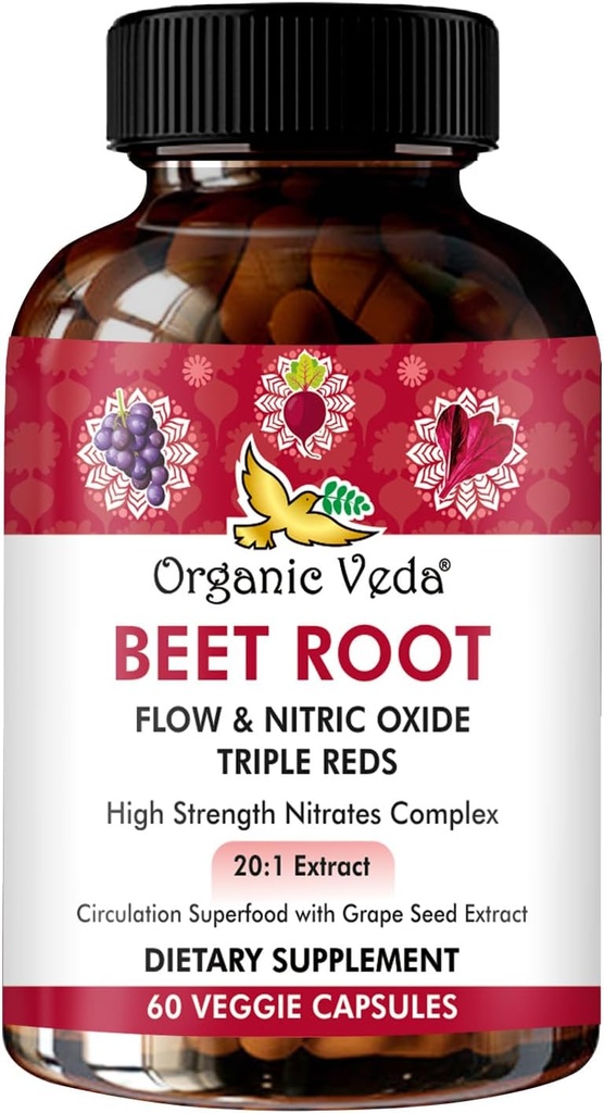Supplément de flux et d'oxyde nitrique de la racine de betterave Veda biologique, 20:1 Extrait - Suppléments de nitrates à haute résistance avec Super Red Foods Beetroot, grenade, extrait d'épinards rouges, 60 Capsule