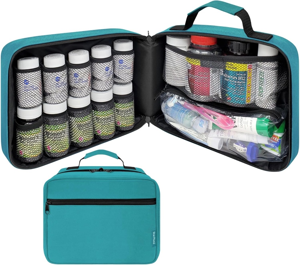 Large Pill Bottle Organizer, Medicine Bag, Case, Carrier for Medications, Vitamin, and Medical Suplies - Travel Medical Organizer and Home Storage Med - Turquoise (Without Lock