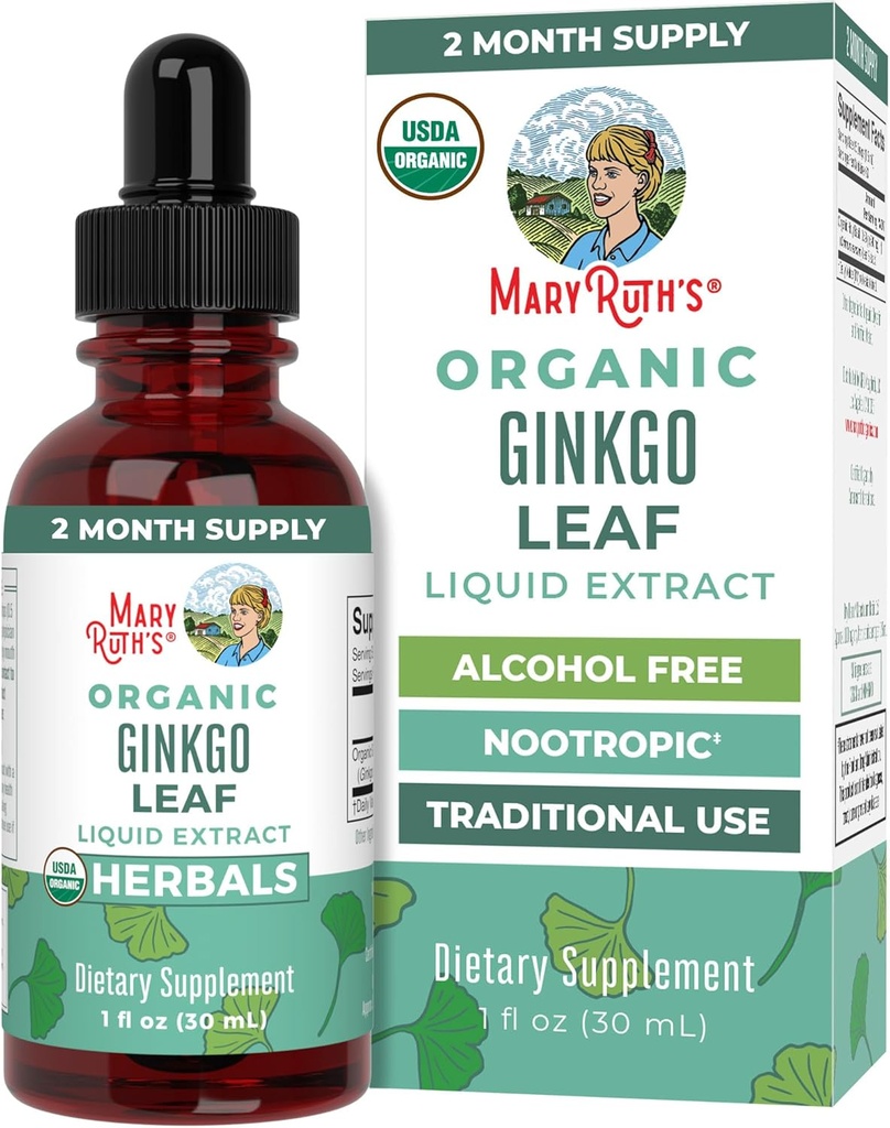 MaryRuth Organics Ginkgo Leaf Liquid Drops | Herbal Supplement | Nootropic | Zirkulazio-sistema eta nerbio-sistema Osasuna | USDA Organikoa | Ez-GMO | Vegan | 60 zerbitzari