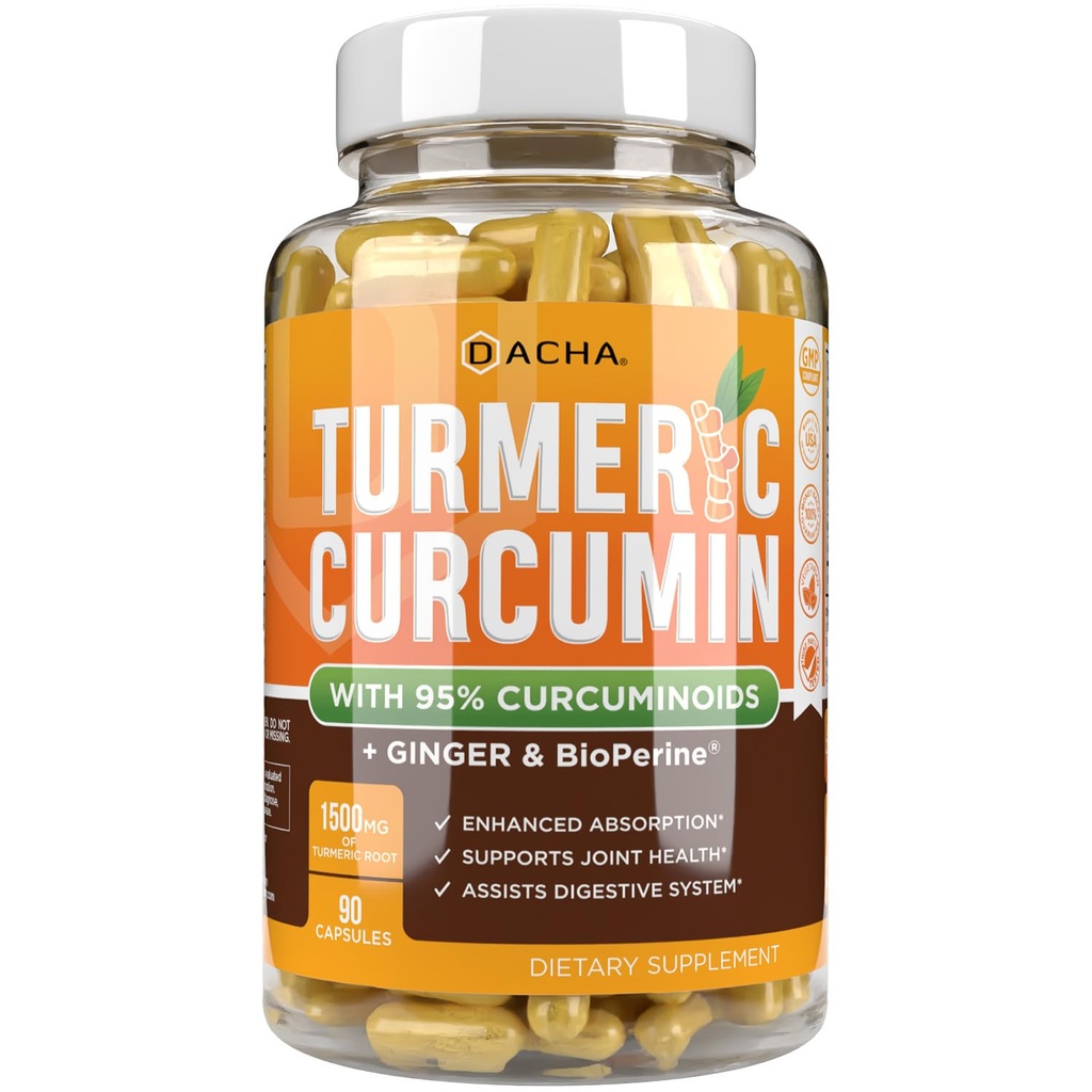 DACHA Tumeric Curcumin Supplement - 1500mg Joint Support Supplements Turmeric with Black Pepper Ginger 95% Curcuminoids Capsules