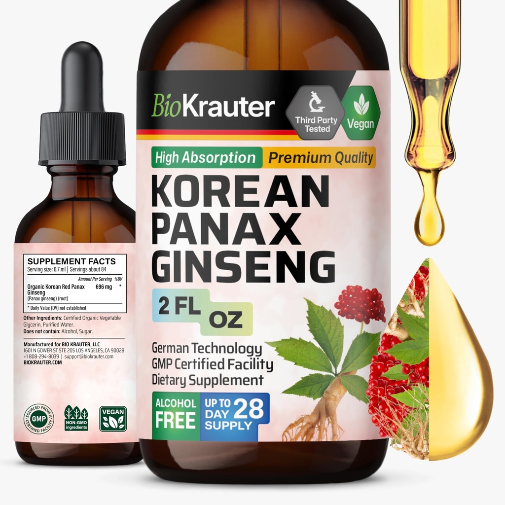 BIO KRAUTER® Ginseng Supplement - Pure Vegan Liquid Drops Korean Red Ginseng 696 mg per Serving 2 Fl.Oz 28-Day Supply - Used for Energy, Focus, Performance & Immune Support - Alcohol & Sugar Free