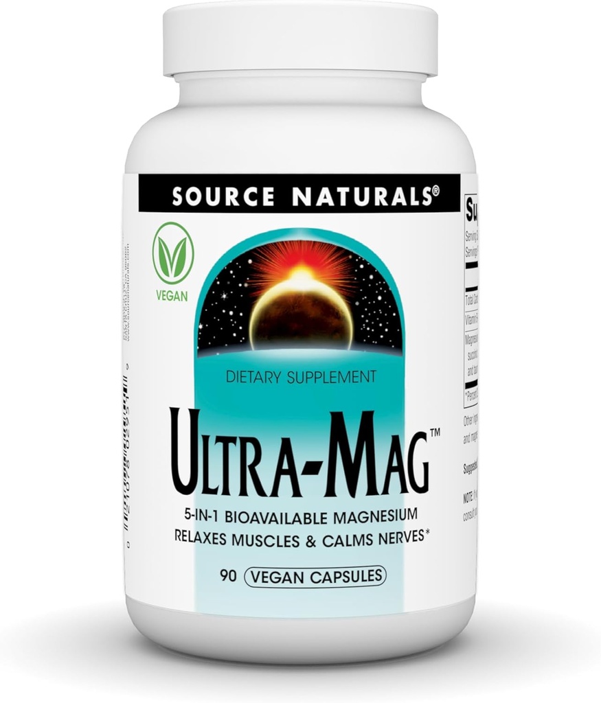 Source Naturals Ultra-Mag, Vegan Dietary supplement, 5-in1 Bioavailable Magnesium, restes Muscles "هددات Nerves*, Vegan Capsules (90)