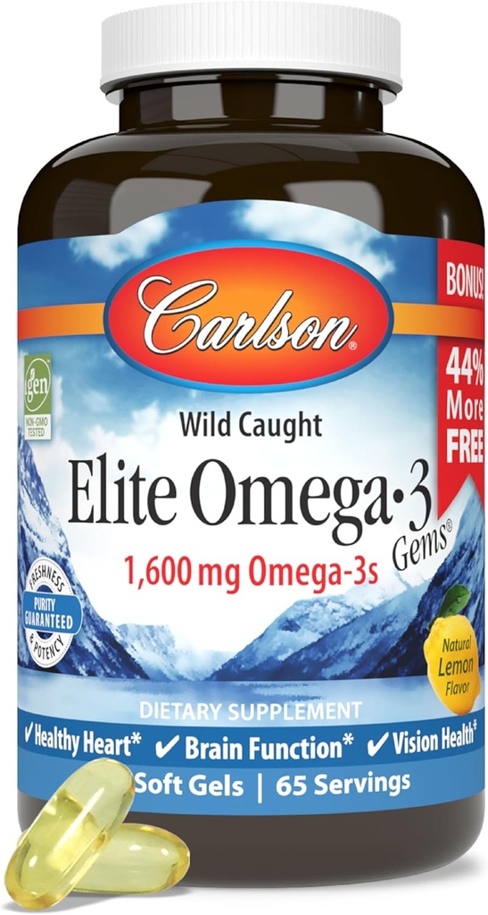 Carlson - Elite Omega33 Gems, 1600 mg Omega33 mastné kyseliny včetně EPA a DHA, norské, Wild- Catched Fish Oil Supplement, Udržitelně sourced Omega 3 Fish Oil Kapsle, Lemon, 130