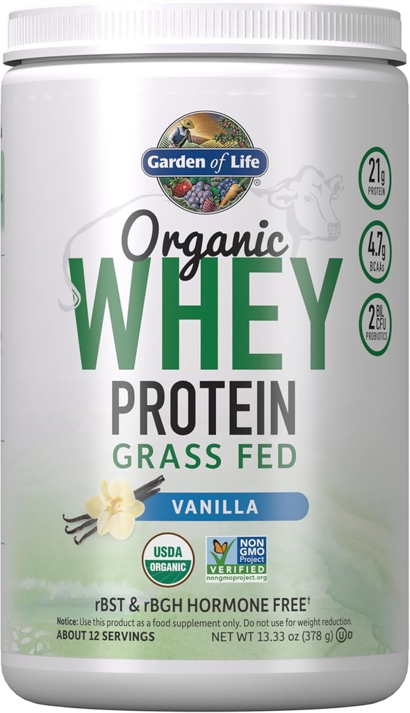 Livshage Grass Fed Whey Protein Powder Vanilla - 21g Protein for kvinner & menn + Probiotika - 12 Serveringer - Glutenfri, Ikke GMO, Kosher, Humane, RBST & RBGH Hormone Gratis