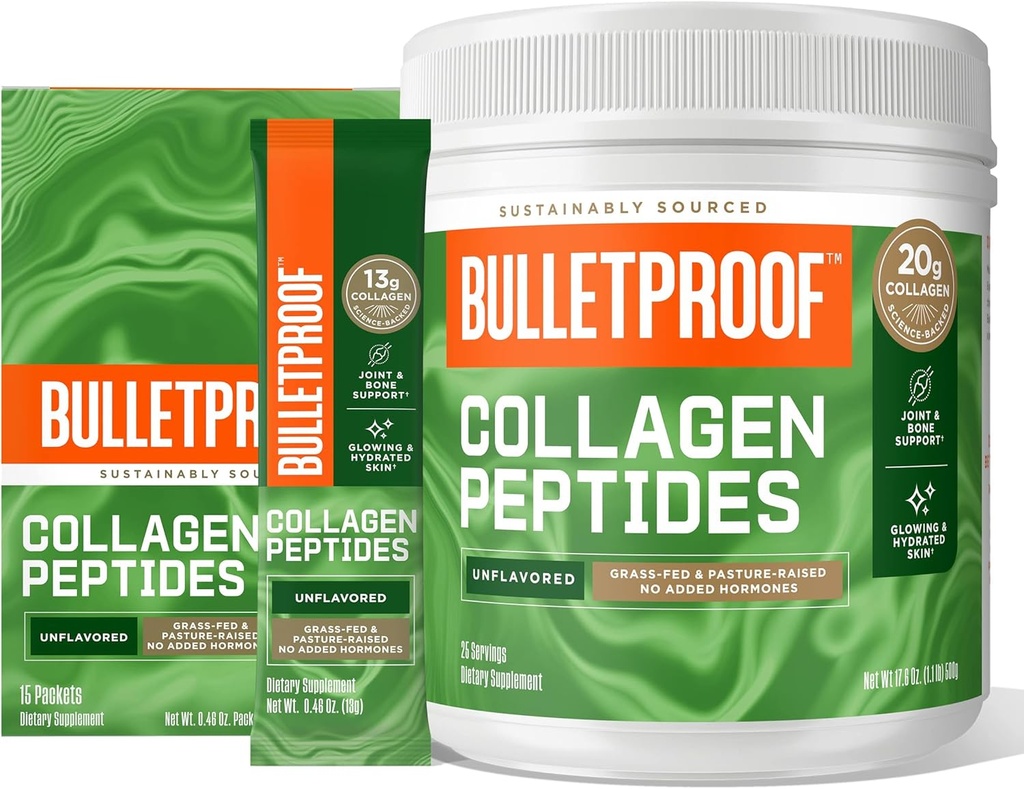 Bulletproof Unflavored Collagen Protein Powder, 18g Protein, 17.6 Oz, Unflavored Collagen Protein Powder GoPacks, 12g Protein, 15 Pack, Grass Fed Collagen Peptides and Amino Acids
