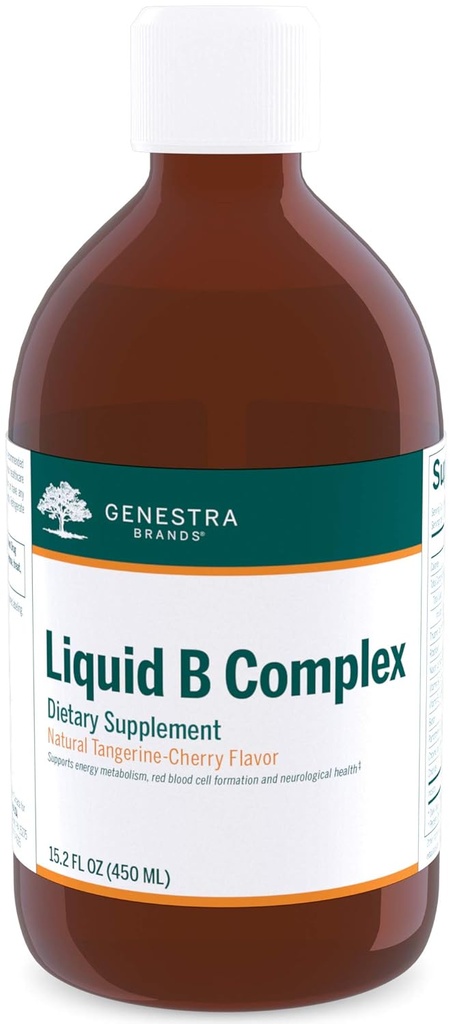 Genestra 브랜드 Liquid B Complex | Broad Spectrum B-Vitamin Complex to Support Energy Metabolism, Red Blood Cell Formation, Neurological Health | 15.2 fl. oz. | 자연적인 Tangerine-Cherry 풍미