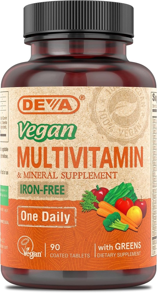 DEVA Vegan Iron-Free Multivitamin & Mineral Supplement, Green Food Blend, Spirulina, Chlorella, Ashwagandha, Broccoli, 90 таблеток с покрытием
