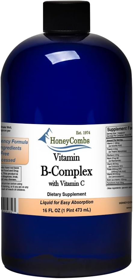 HoneyCombs Vitamin B Complex Drops - Vitamin B1, B2, B3, B5, B6, B7, B9, B12 & C - Süper B Kompleksleri - Alkol Özgür Sıvı Vitamin Tamam, 16 Fl Oz.