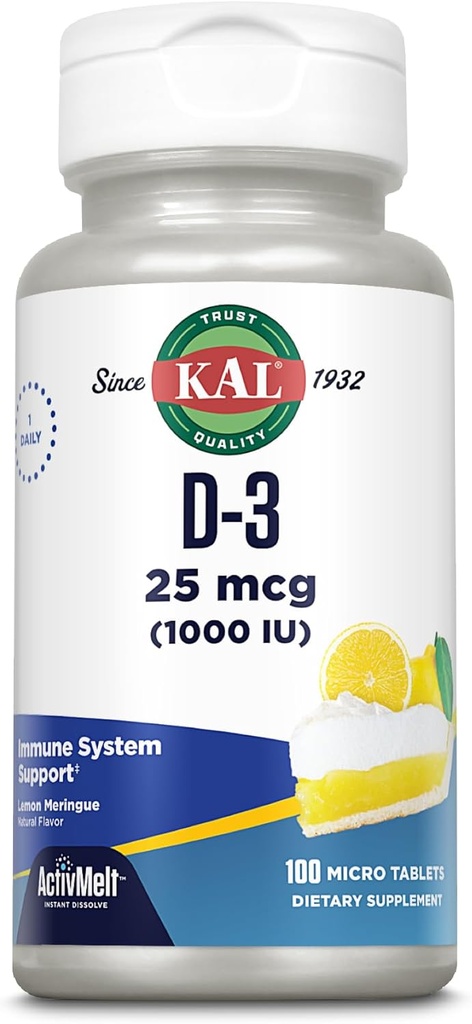 KAL bitamina D-3 1000 IU | Natural Lemon Flavor ActivMelt Micro Tablets | Osasuntsu Immune Funtzioa eta Hezurren euskarria | 100ct