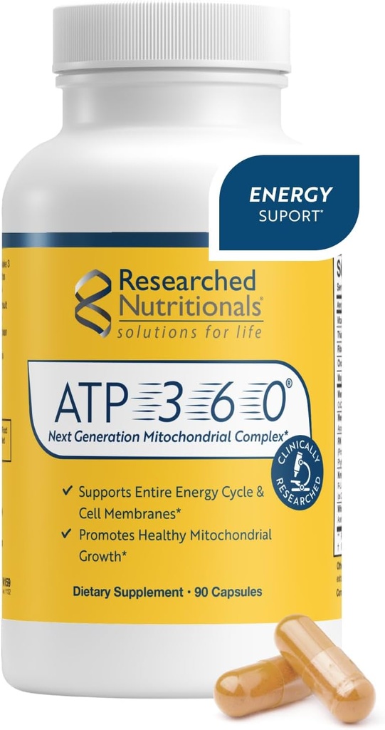 Researched Nutritionals ATP 360 - Mitochondrial Supplements to Support Entrere Energy Cycle & Cell Membranes - Klinicky skúmané ATP doplnky, vysoká dávka CoQ10, kyselina R-lipoová & PQQ, 90 kapsúl