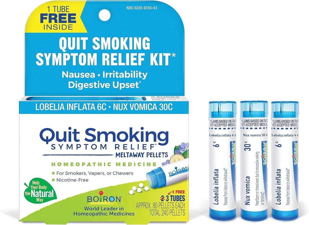 Boiron Stop Smoking Relief Zestaw do Nikotyny Objawy od palenia, Vaping, lub żucia - Nudności, drażliwość, & Upset Stomach - Non- Drowsy & Nicotine- Free - 3 Count (240 Pellets)