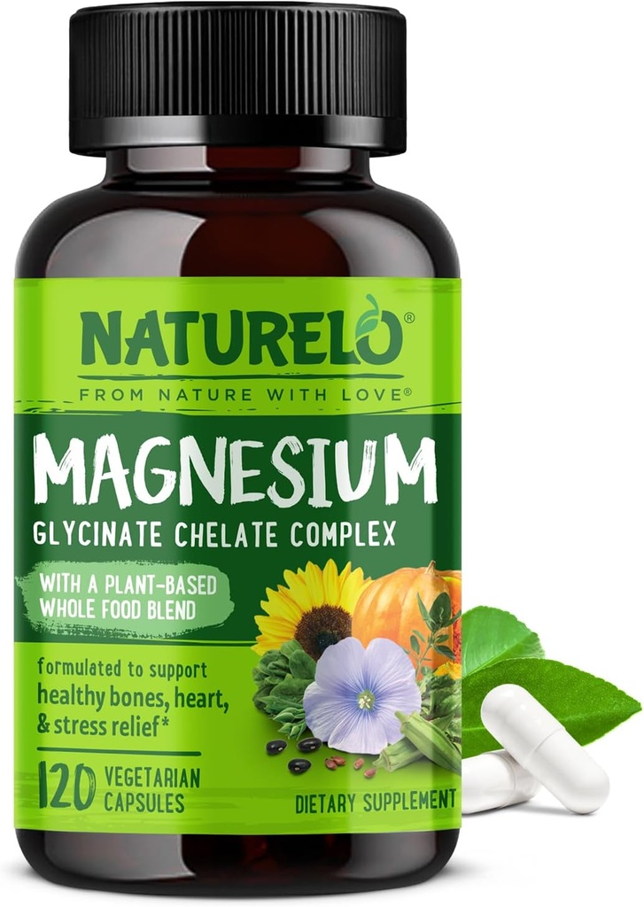 NATURELO Magnesium Glycinat Chelate Complex - 200 mg Magnesium med organiske grønnsaker for å støtte søvn, rolig, muskel cramp & stress relief - Glutenfri, ikke GMO - 120 kapsler