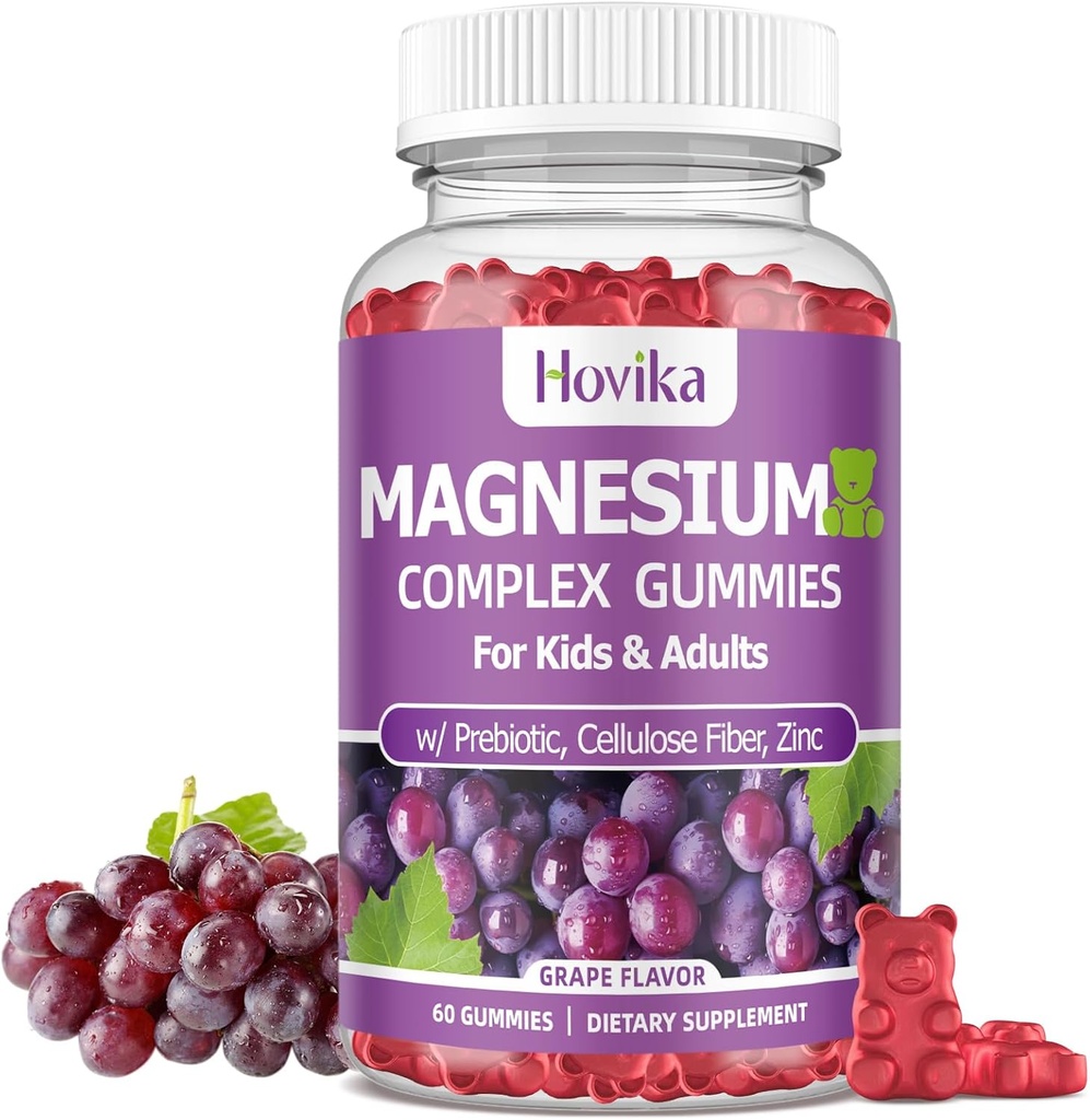 Gummies de magnésio para crianças - Glicenato de magnésio, Citrato, Prebiótico, Zinco - Crianças & Adultos Magnésio Complexo Calm Gummies para Nerve Bone & Muscle Health para crianças Bem-estar, Vegan Grape Flavor 60 Conde