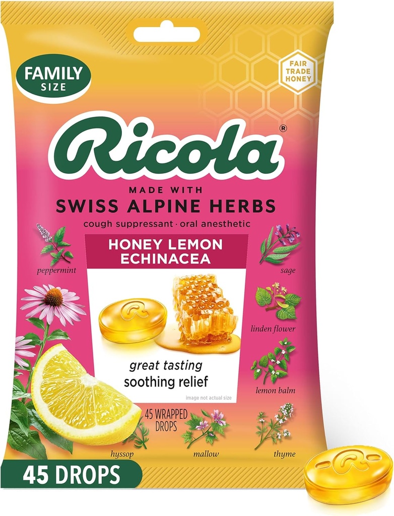 Ricola med Lemon s echinacea kašel kapky, 45 Počet, Delicious Krční pomoc & Péče, Orální anestetika, přirozeně ochucené