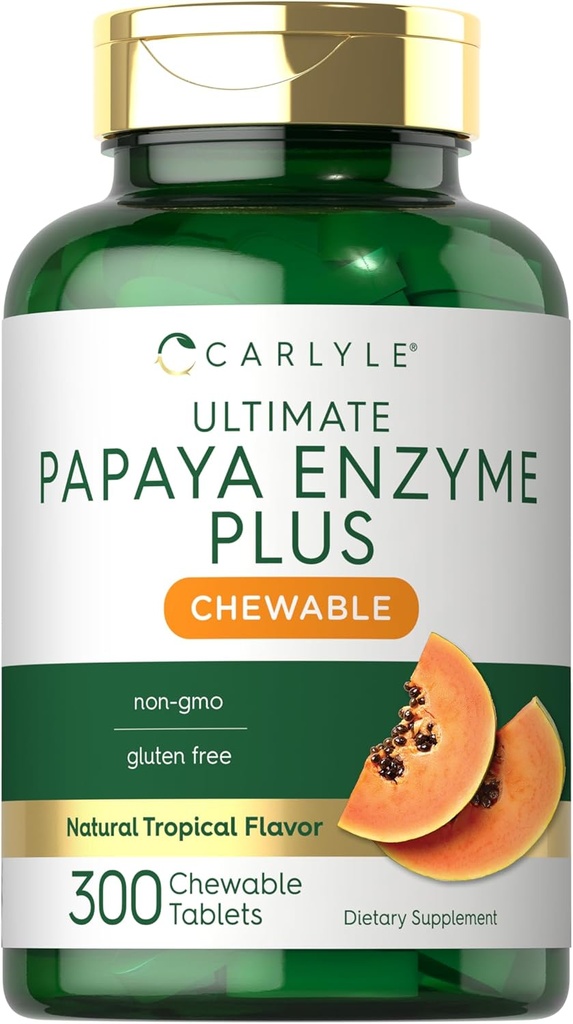 Carlyle Papaya Enzyme Chewable Tetes  Vegetarian, No-GMO, Guten Free Fórmula Tropical Flavor