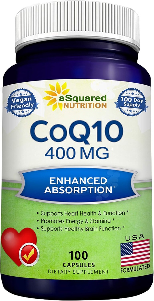 ASquared Nutrition CoQ10 (400mg Max Indarra, 100 Veggie kapsulak) - Absorption Coenzyme Q10 Powder - Ubiquinone Supplement Pills, Extra Antioxidant CO Q-10 Enzyme Vitamin Tablets, Coq 10 400 mg