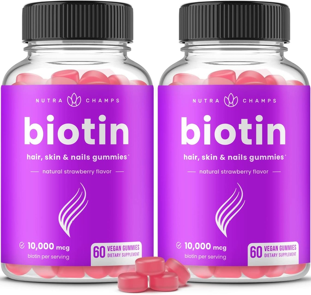 NutraChamps (2 pakuotėje) Biotin Gummies 10,000µg [High Postance] sveikiems plaukams, odai ir vikšrėms suaugusiems ir vaikams - 5000µg kiekviename gummy Vitaminas - Vegan, Non- GMO, Pectin- Based Plaukų sveikatos priedas