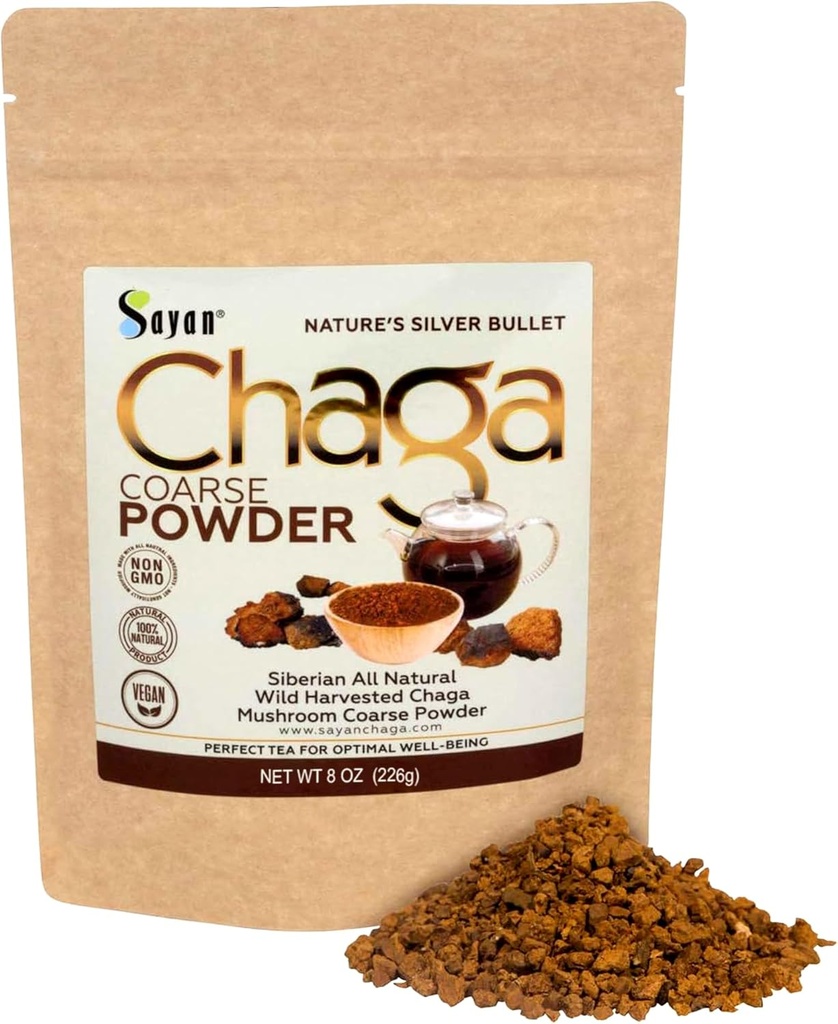 Sayan Siberian Pure Raw Coarse Chaga Powder 8 Oz / 226g – Premium Wild Forest Harvested Super Antioxidant Tea – Supports Immune System and Digestive Health – Focus, Energy, Clarity, Wellness - Non-GMO