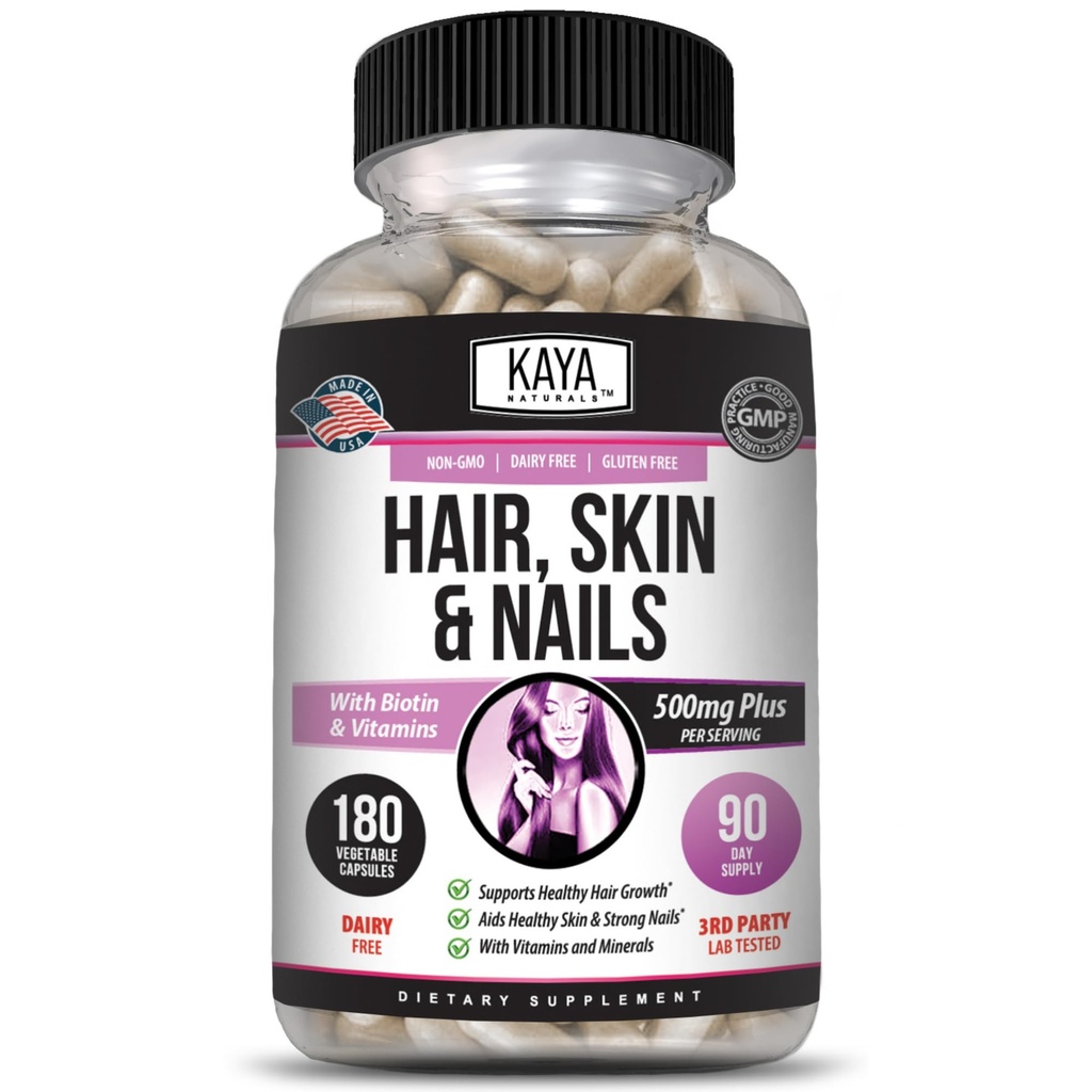 Kaya Naturals Hair Skin Nail Capsules BIOTIN Vitamin D Vitamin B-12 A Folic Acid Support, Hair Support Vitamin Supplement - 180 Count