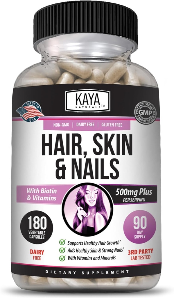 Kaya Naturals Matu ādas nagu kapsulas BIOTIN D vitamīns B-12 A Folijskābes atbalsts, matu atbalsts Vitamīnu papildinājums - 180 Skaits
