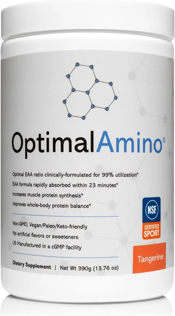 OptimalAmino Amino Acid Pudrai ® 124; 99% Naudojami Eteriniai Amino Acid (EAA) Addition ® 124; Pre / Post Workout & Eastern Recovery ® 124; NSF Sport Certified ® 124; Tangerine Sfeor