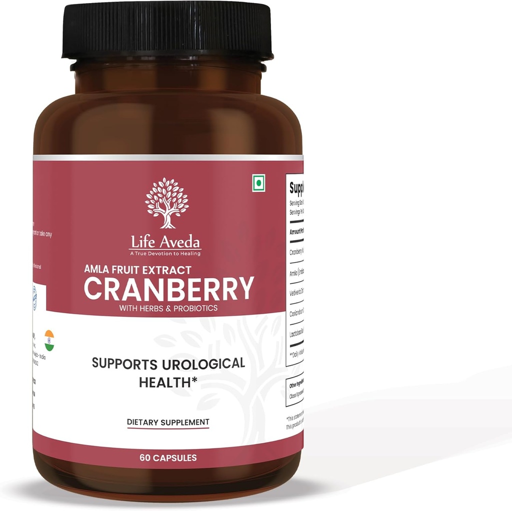 Life Aveda Cranberry & Amla Fruit Extract Supplement with 3 Billion CFU Probiotics | Supports Bladder, Kidney & Urinary Tract Health | Antioxidant & Detox Support | 60 Capsules (2 Month Supply)