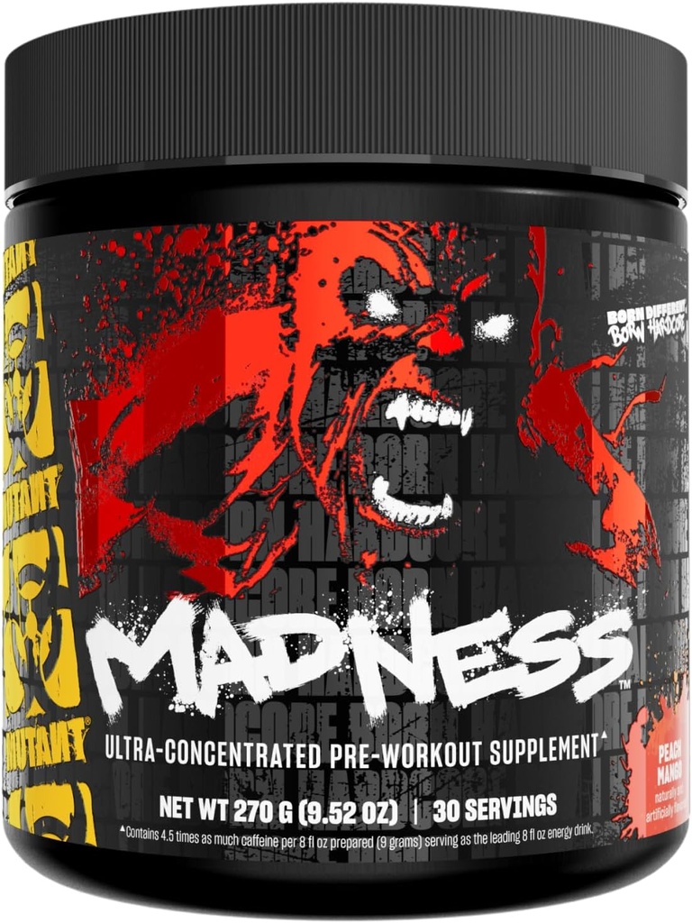 돌연변이 Madness | 전 운동 분말 보충 성능 및 펌프 혼합 포함 L-Citrulline, Beta-Alanine, Taurine, L-Tyrosine | 30 서빙 | 복숭아 망고
